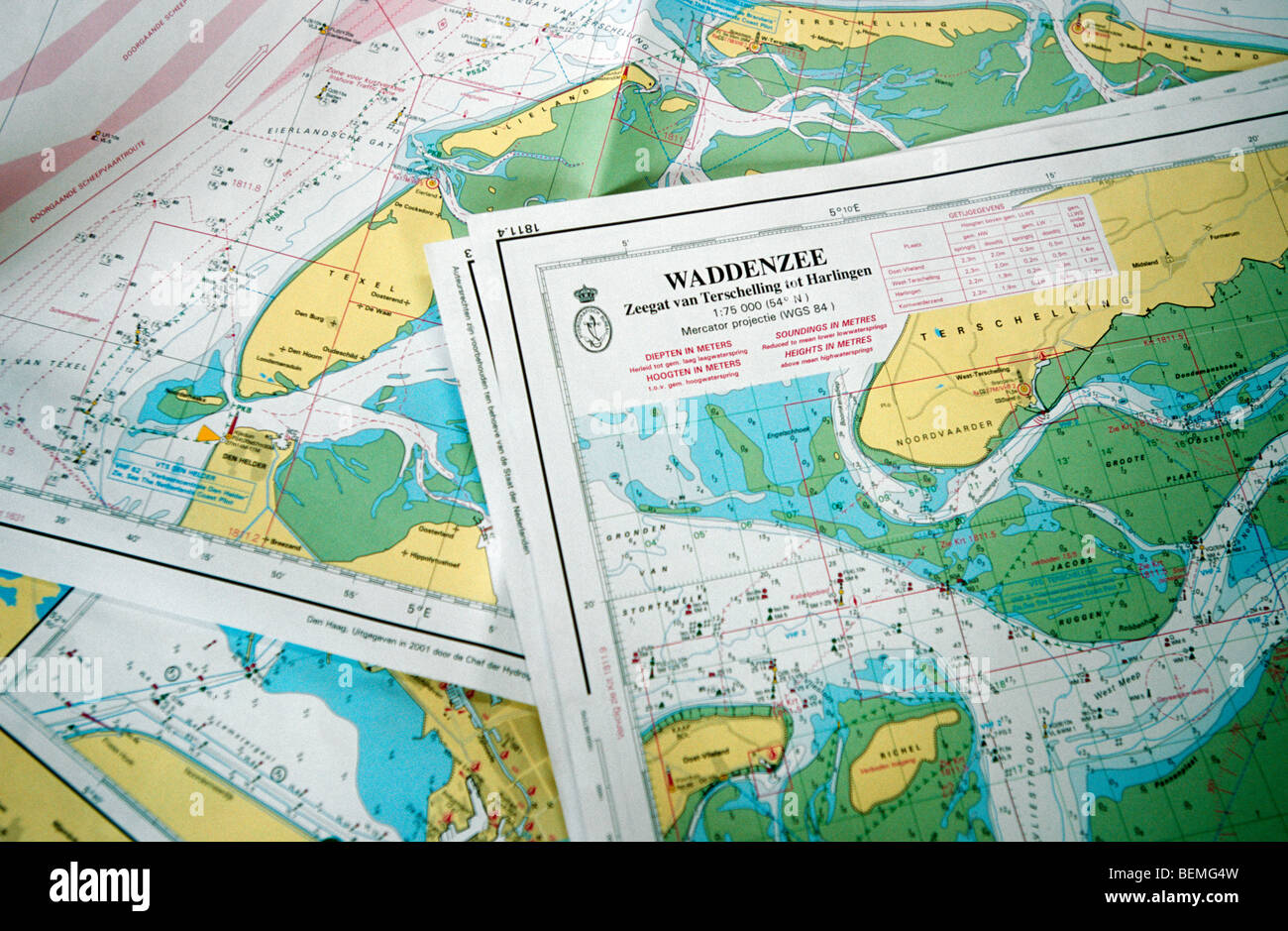 Nautical charts of the Wadden Sea, the Netherlands Stock Photo