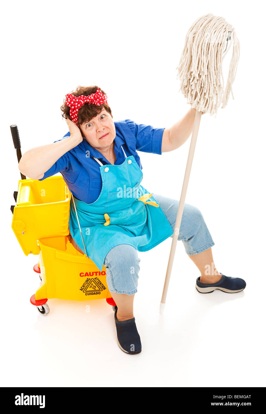 Tired And Unhappy Cleaning Lady Stock Photo - Download Image Now - Cleaner,  Flooring, Housework - iStock