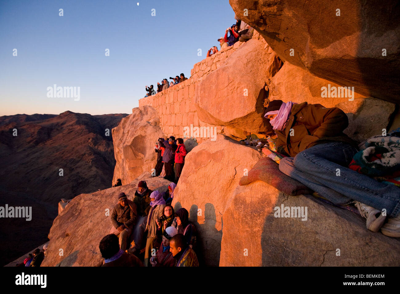people gathered at church at dawn after the early morning trek to Mount Sinai, Egypt, Middle East Stock Photo