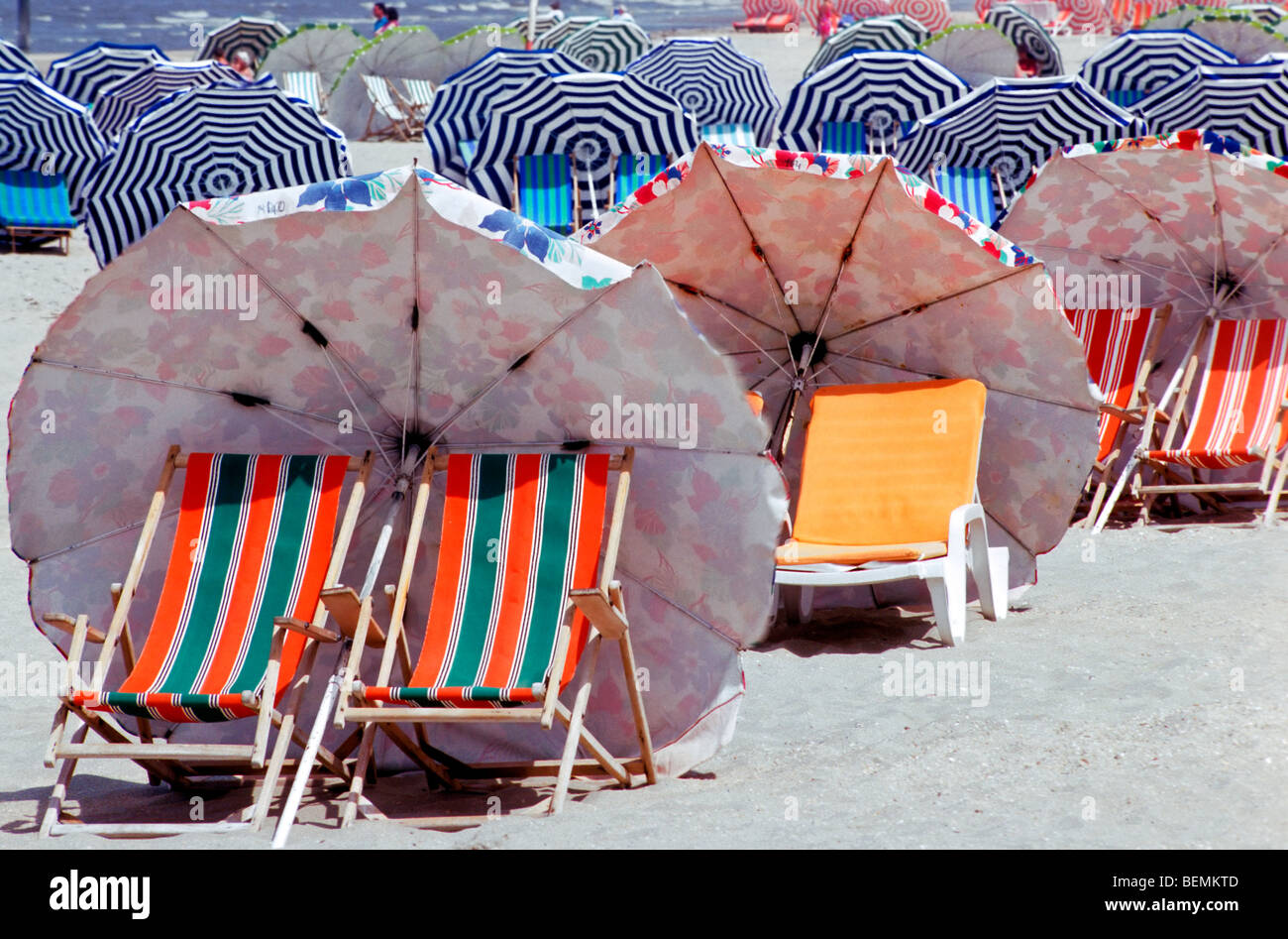 Deck chairs parasols on beach hi-res stock photography and images - Alamy
