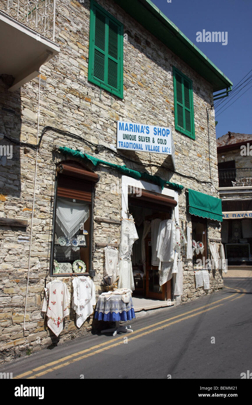 Marina's Shop in the small village of Lefkara, Cyprus. The shop is selling gold, silver and traditional village lace. Stock Photo