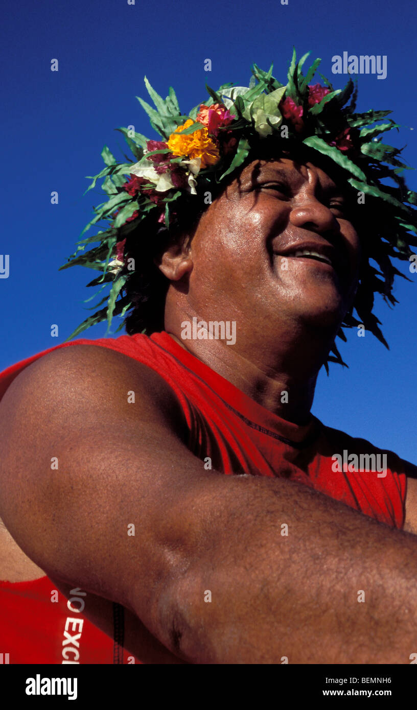 Smiling man with typical hairdress.Taha. French Polynesia. Stock Photo