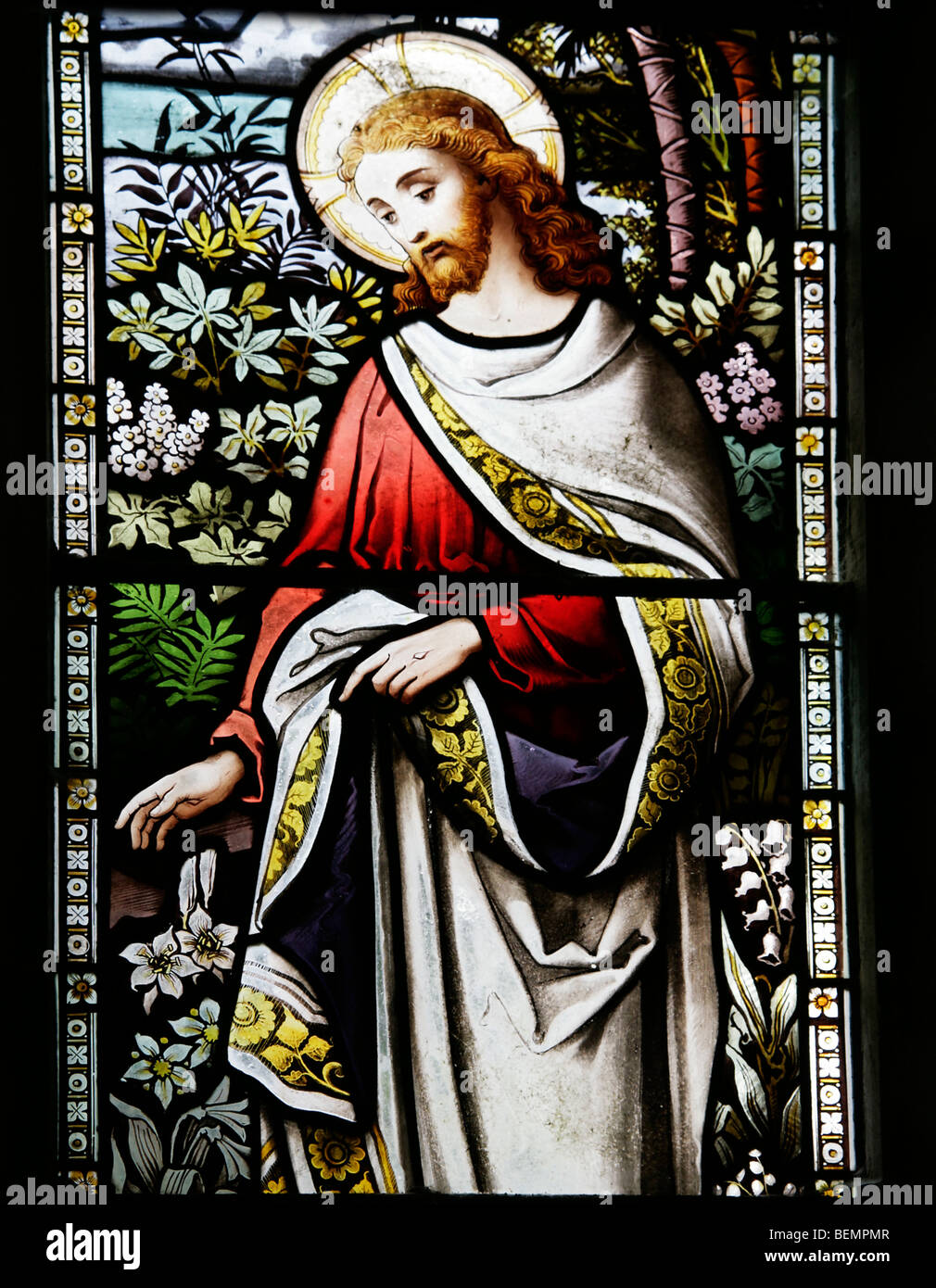 A stained glass window depicting the Risen Jesus Christ Appearing to