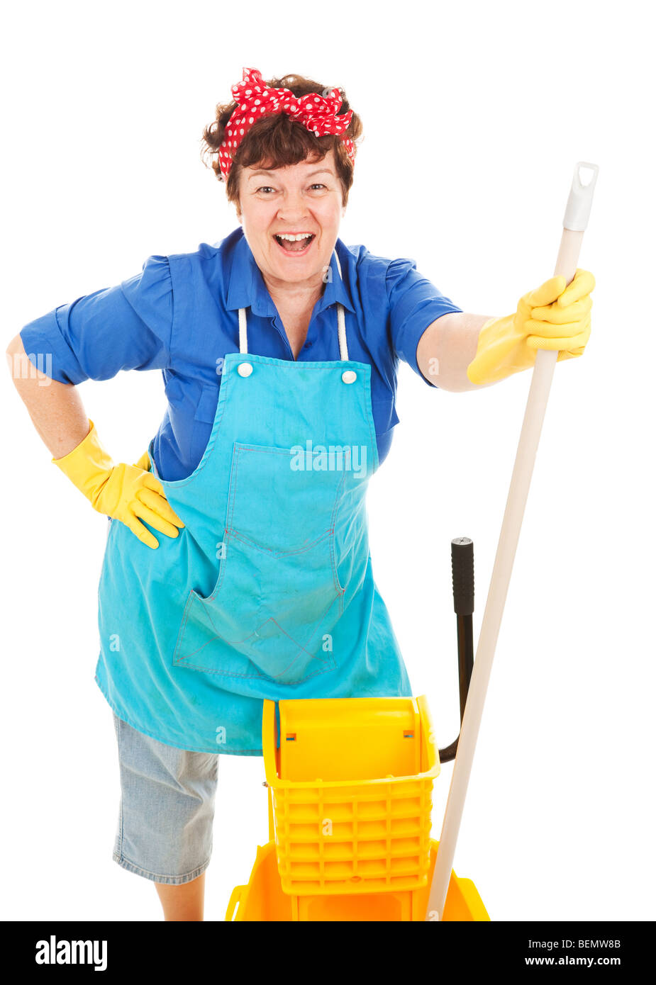 Friendly, smiling maid getting ready to mop the floor. Isolated on ...