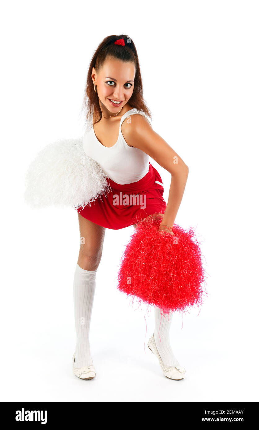 Smiling cheerleader girl posing with pom poms. Isolated on white Stock  Photo - Alamy