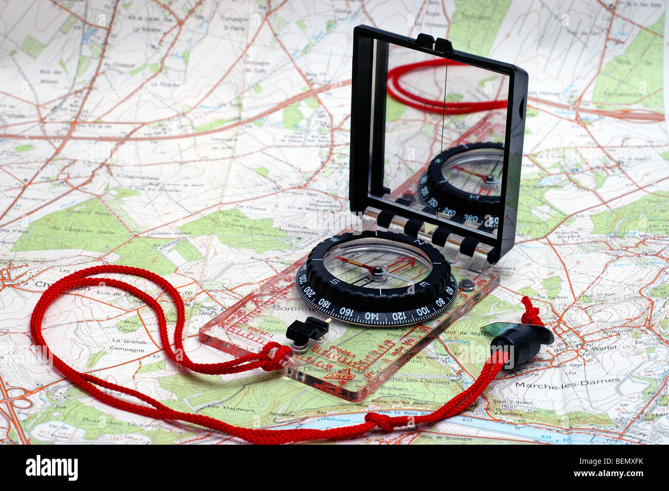 Compass on topographical map Stock Photo