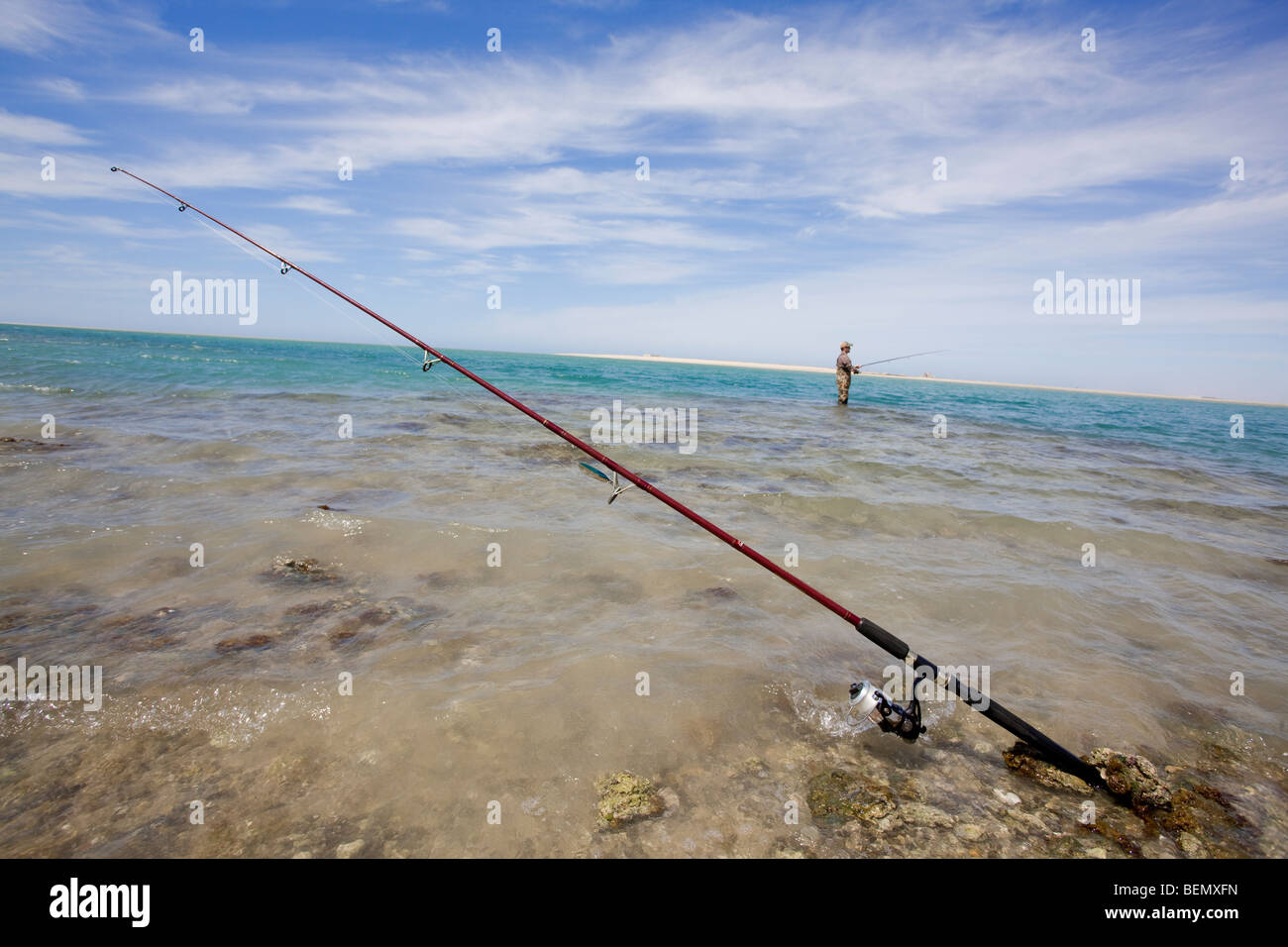 Fishing rod setup along the beach while a fisherman seeks his