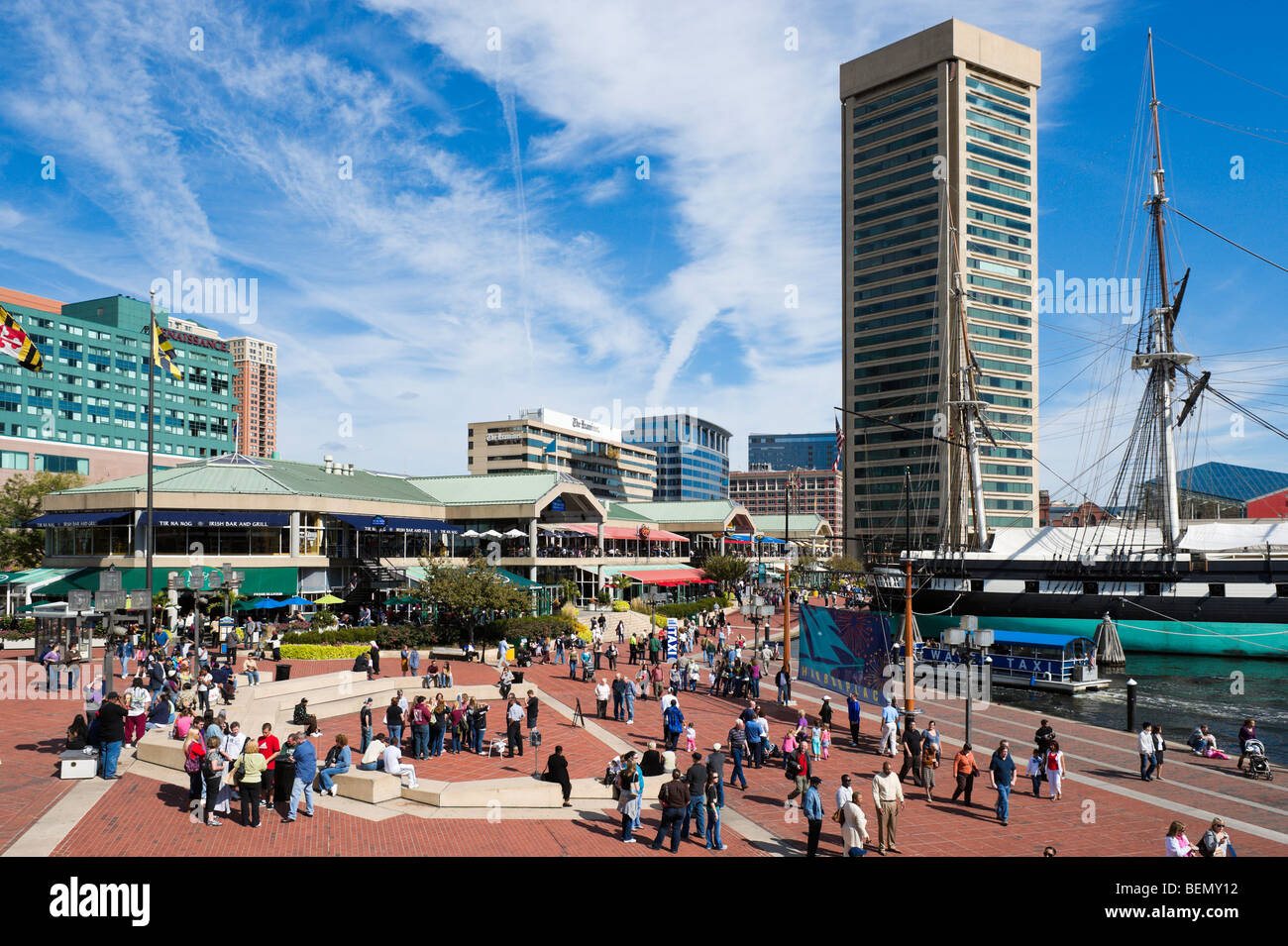 Inner Harbor showing Harborplace, the Baltimore World Trade Center and the frigate USS Constellation, Baltimore, Maryland, USA Stock Photo