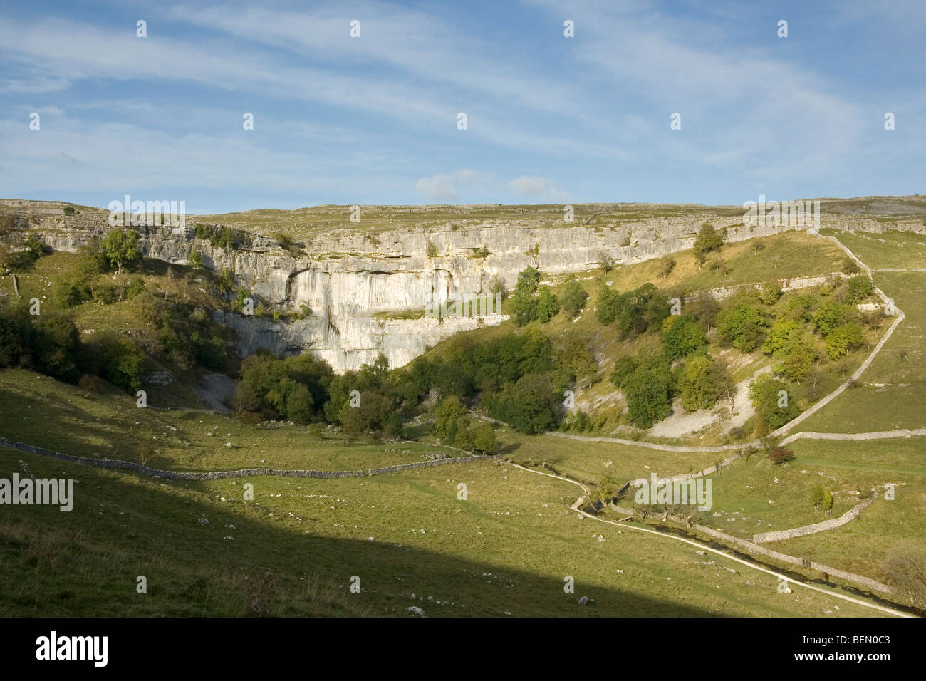 A view of Malham Cove, a huge limestone cliff in the Yorkshire Dales