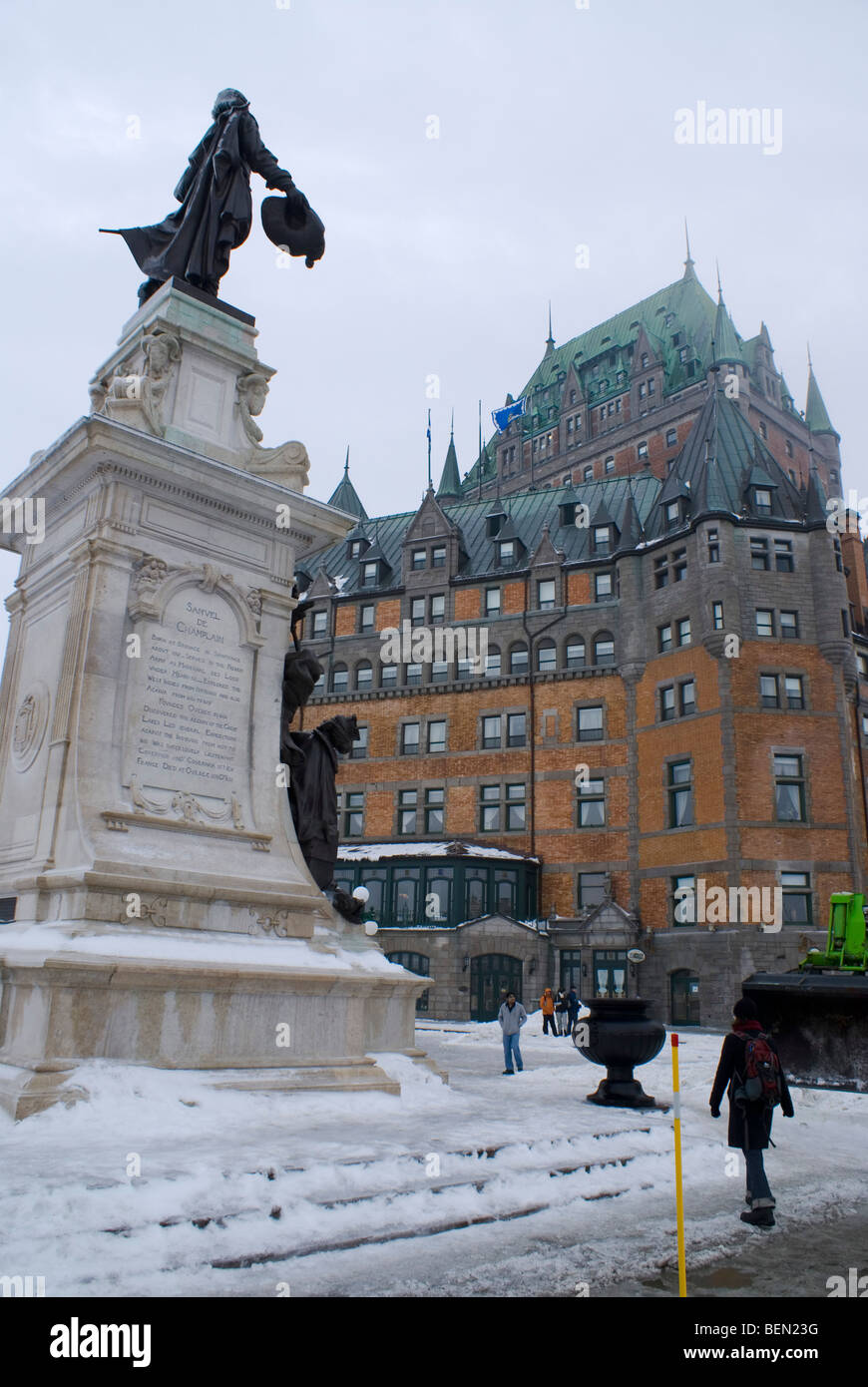 Statue of Samuel de Champlain in front of Chateau Frontenac in Quebec