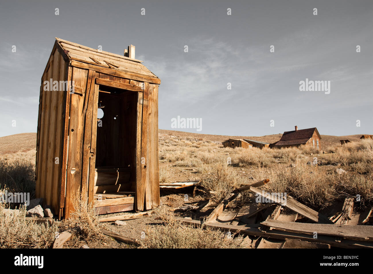 Abandoned outhouse in the ghost town of Bodie, CA Stock Photo
