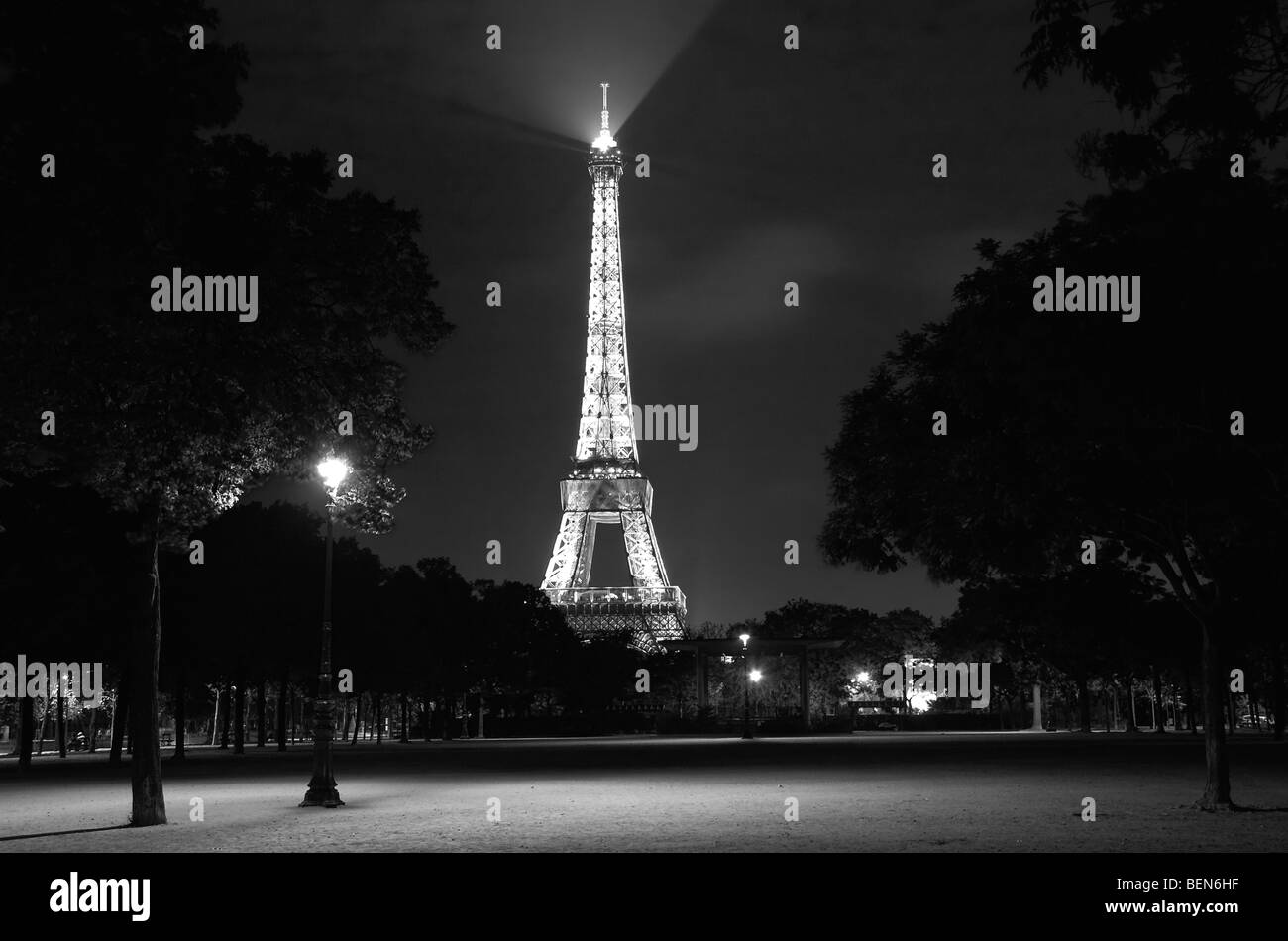 Night image of the Eiffel Tower in Black and White Stock Photo