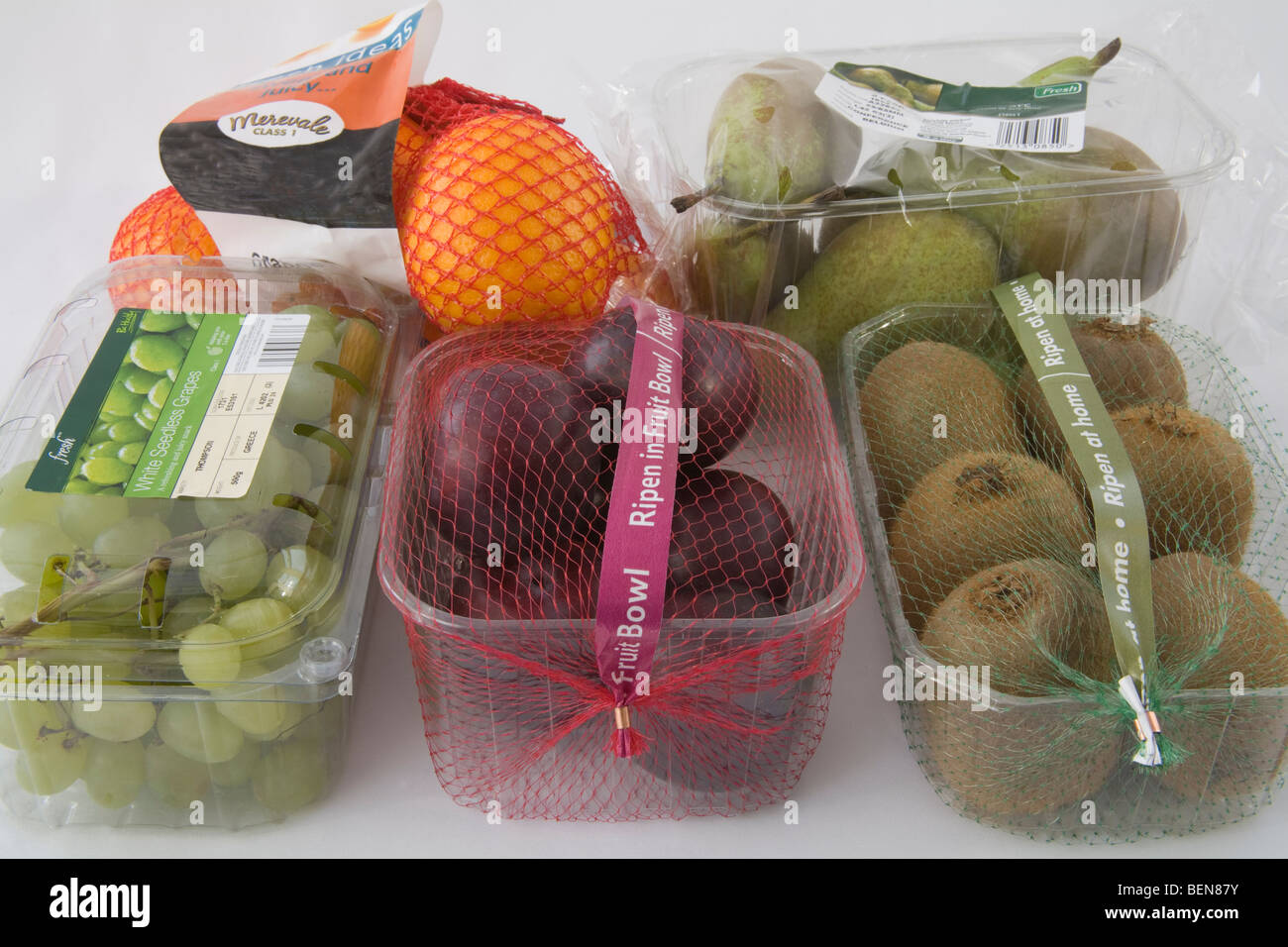 Studio close up Food packaging of five different fruits all imported Stock Photo
