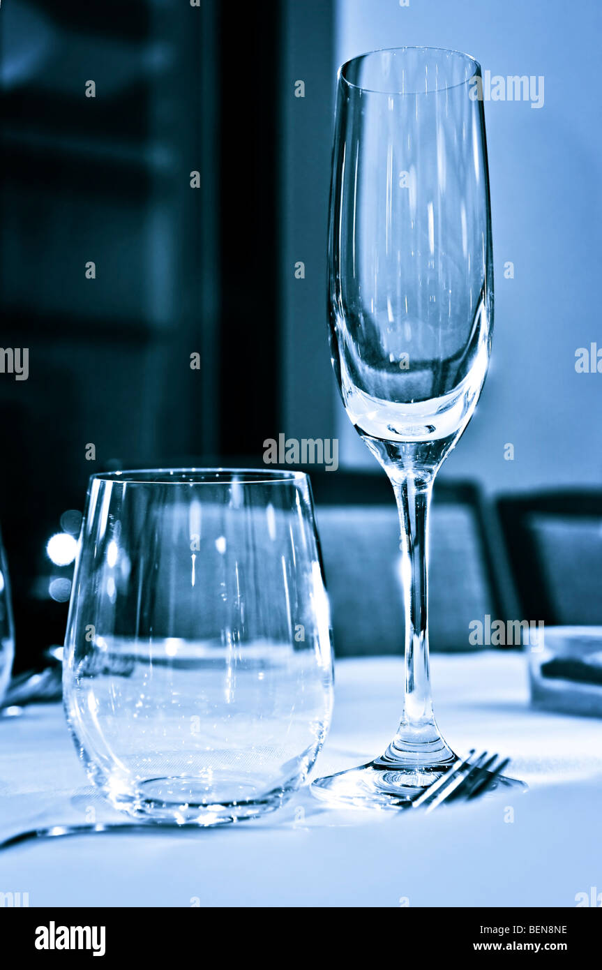 Close up view of table setting with glasses Stock Photo