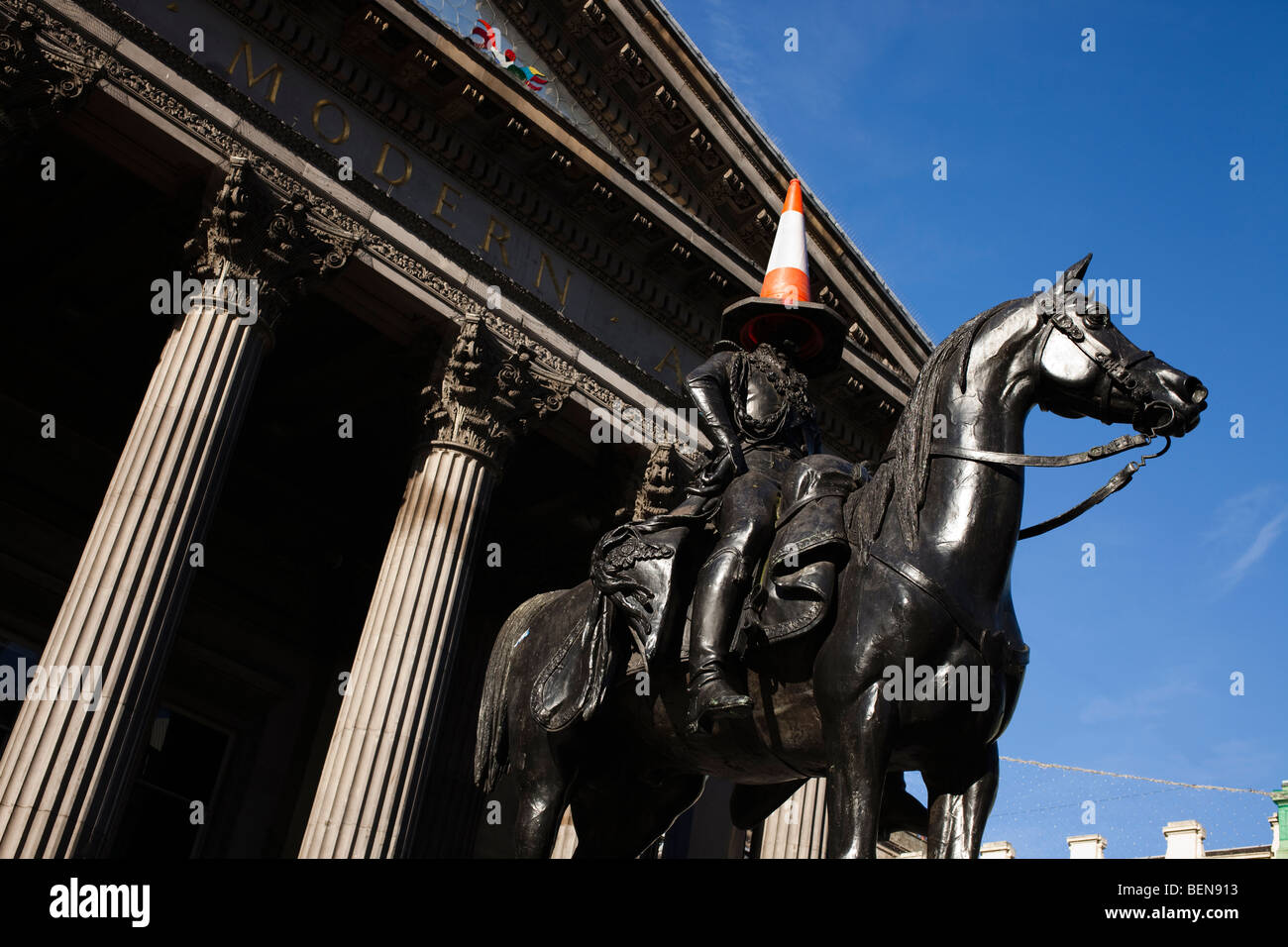 Duke of wellington statue with traffic cone on head hires stock
