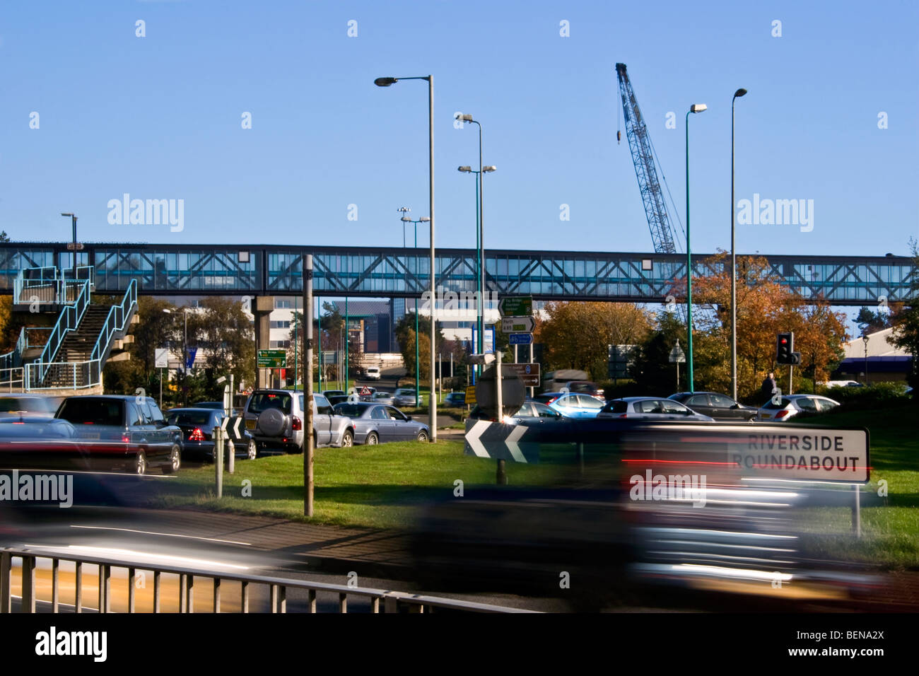 Queue of cars travelling around the Riverside roundabout and slowing down due to tailbacks on at the lights in Dundee, UK Stock Photo