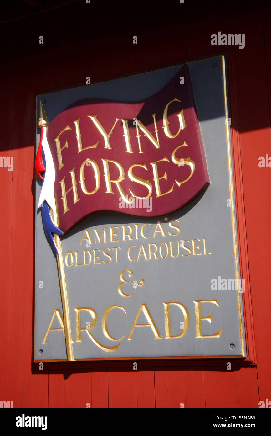 Flying Horses Carousel and Arcade wooden sign in Oak Bluffs, Martha's