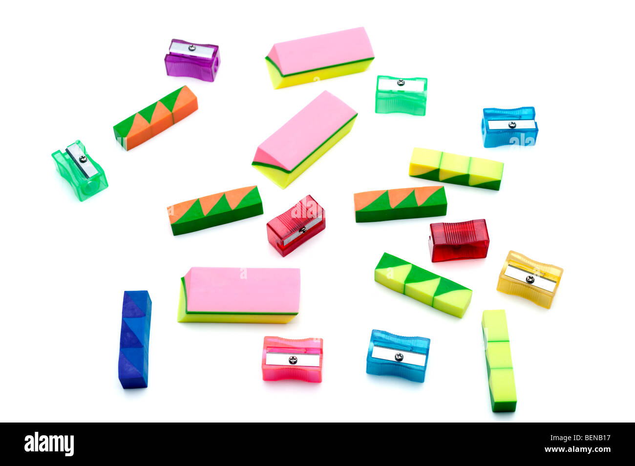 multi coloured colored rubbers and pencil sharpeners Stock Photo