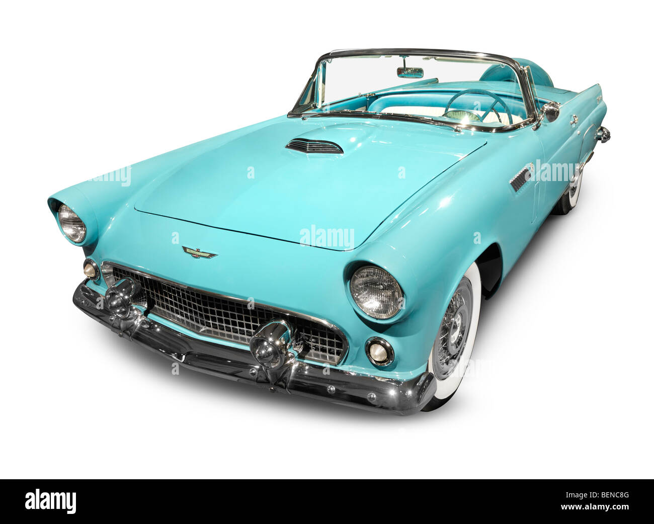 License available at MaximImages.com - Sky-blue 1956 Ford Thunderbird classic retro car on white Stock Photo