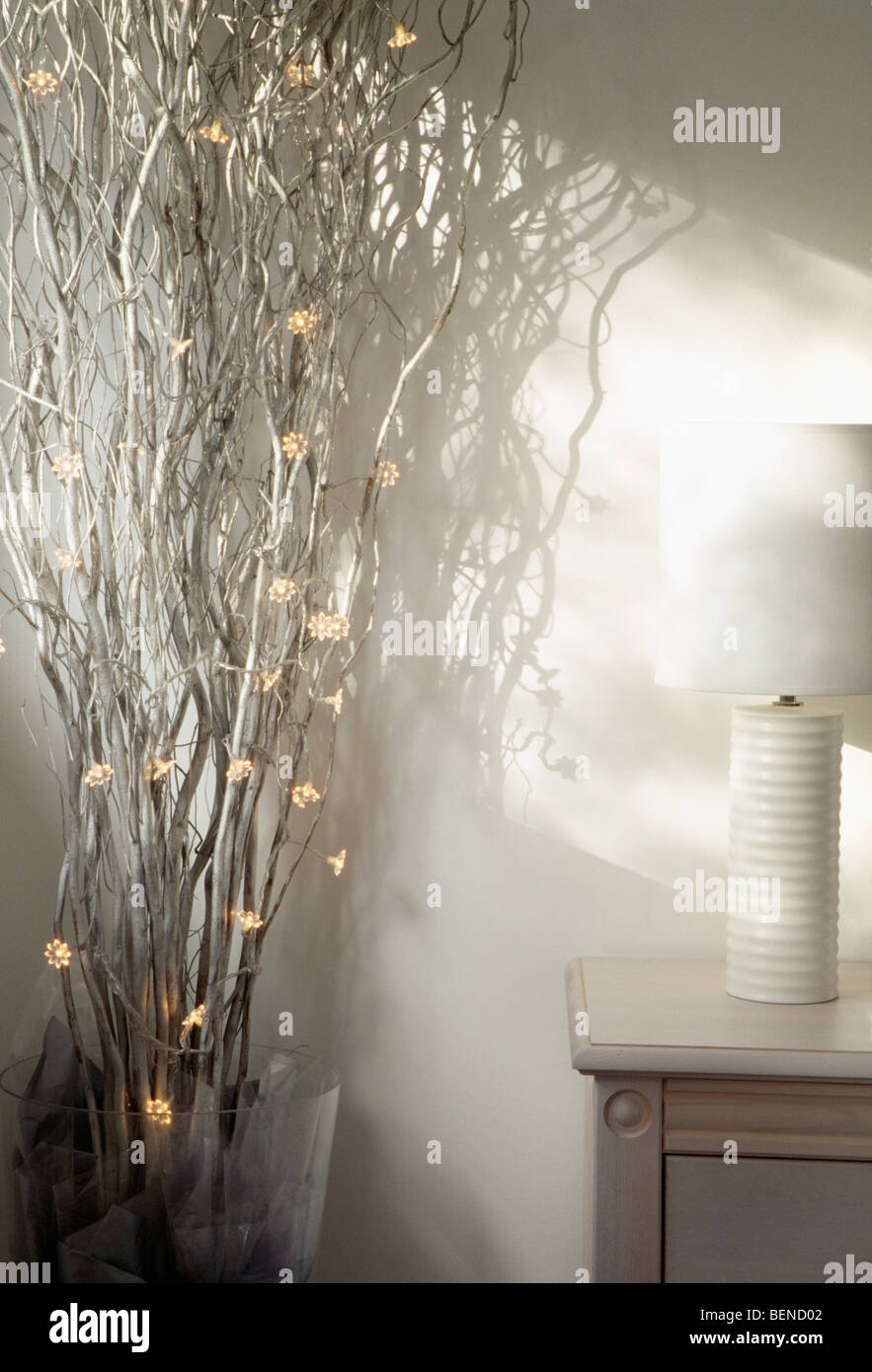 Closeup of treebranches with novelty fairy lights in modern living