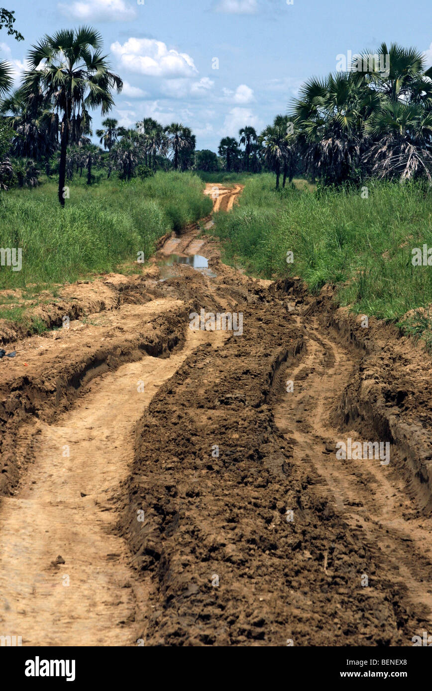 Dirt road in bad condition during the rainy season in Congo, Central Africa Stock Photo