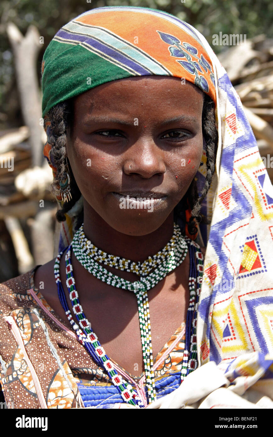 Close up of young native black woman in traditional dress wearing headscarf in Chad, Central Africa Stock Photo