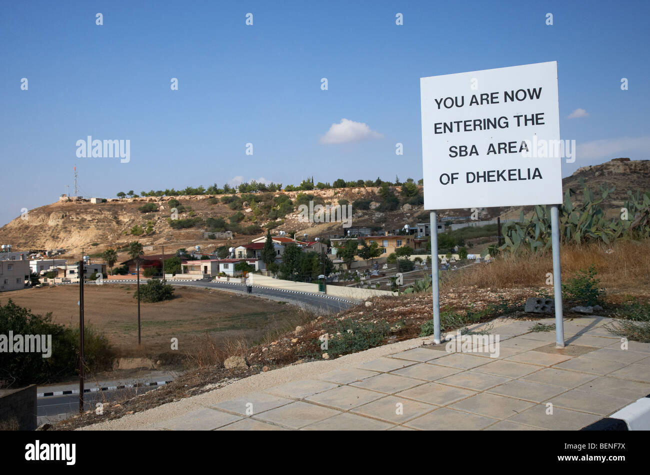 sign overlooking pyla and turkish controlled territory marking entrance of SBA Sovereign Base area of Dhekelia Stock Photo
