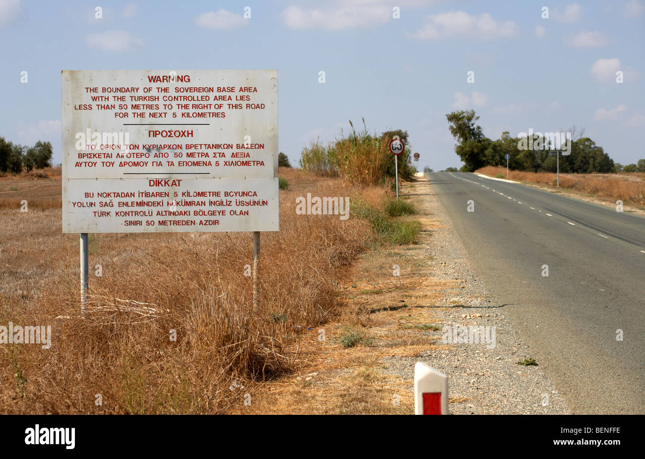 warning road sign warning of the border of the turkish military controlled area of the SBA Sovereign Base area of Dhekelia in cyprus Stock Photo