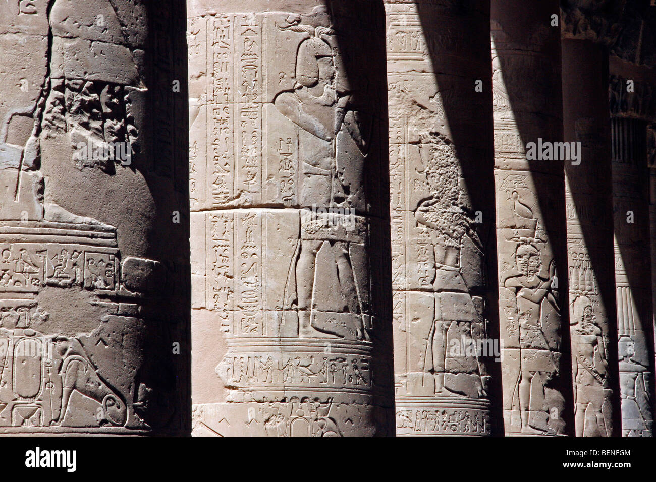 Egyptian hieroglyphs on pillars in the Temple of Edfu, ancient Egyptian