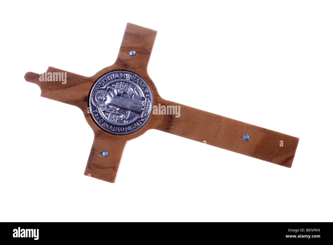 Saint Benedict cross with his seal and made of wood. Stock Photo