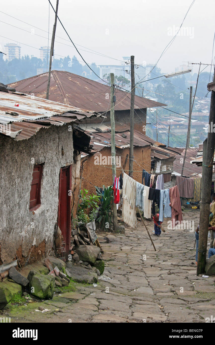 Street with poor houses in suburb of capital city Addis Ababa / Addis ...
