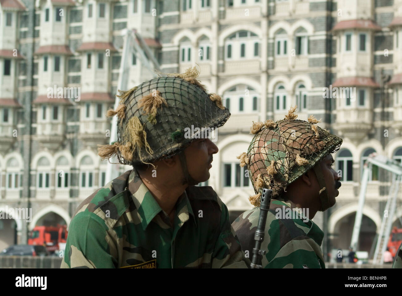 Soldiers at Taj Hotel after the terrorist attack Mumbai Maharashtra India Stock Photo