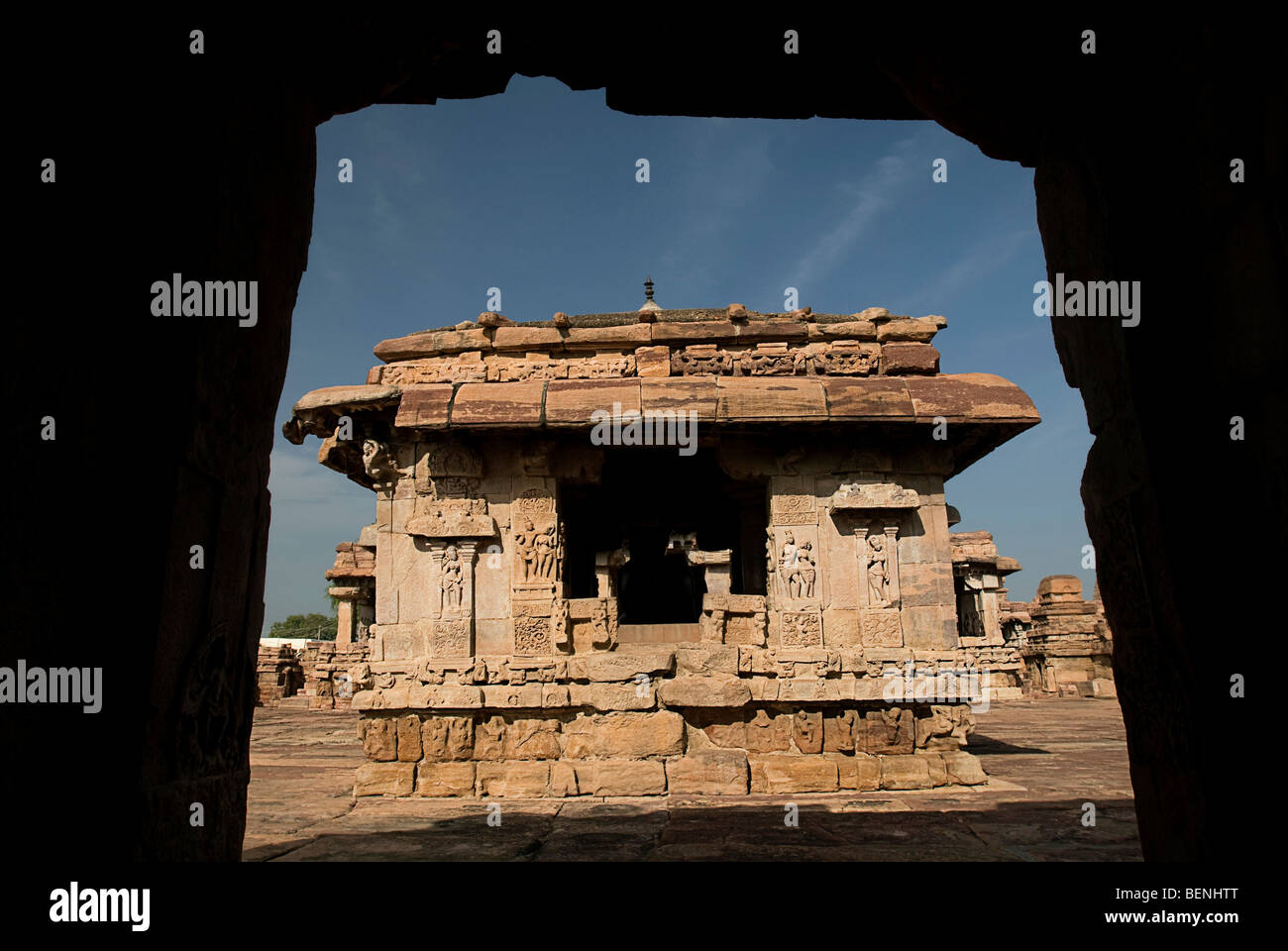The Nandi-mandapa is a square pavilion open on all the four sides and houses a large statue of Nandi on a raised floor Stock Photo