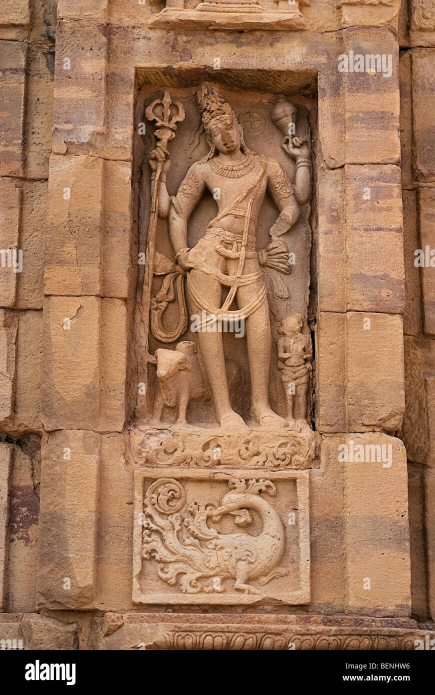 Sculpture of Harihara in Virupaksha Temple built by the Queen of Vikaramaditya II in about A.D.740 to commemorate her husband’s Stock Photo