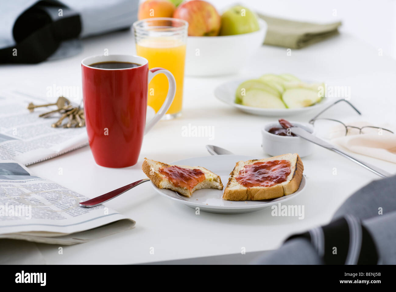 Breakfast and newspaper on table Stock Photo Alamy