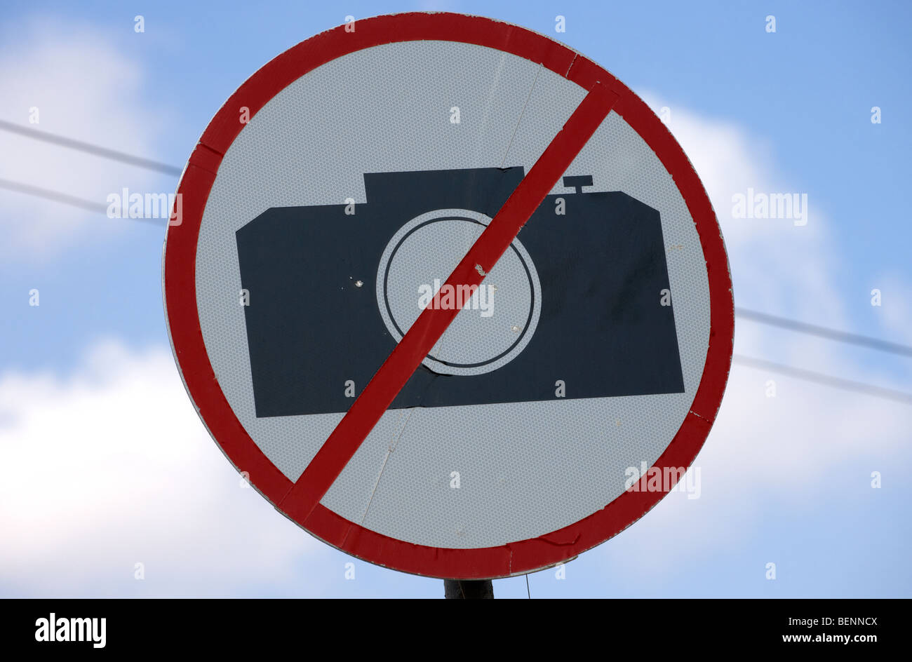 no photography sign at the greek cypriot army border post at the UN buffer zone in the green line dividing north south cyprus Stock Photo