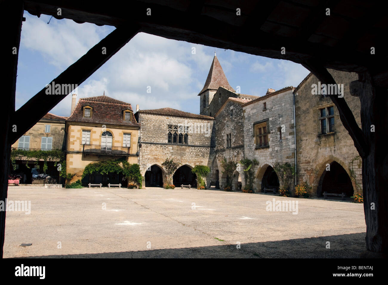 Monpazier, centre of the popular medieval village in the Dordogne area of France. Stock Photo