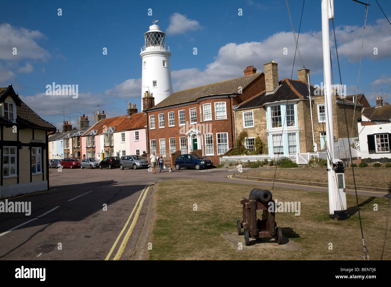 Lighthouse and cottages, Southwold, Suffolk, England Stock Photo