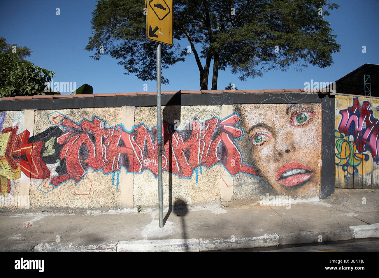 BRAZIL Wall with murals and graffiti. PHOTO by SEAN SPRAGUE Stock Photo
