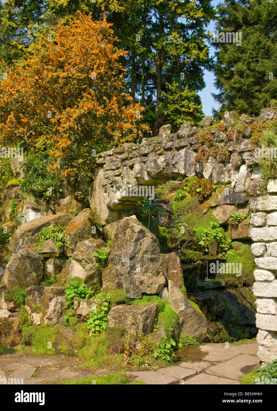 stone arch waterfall berberis rock garden [Newby Hall] Ripon [North Yorkshire] Stock Photo
