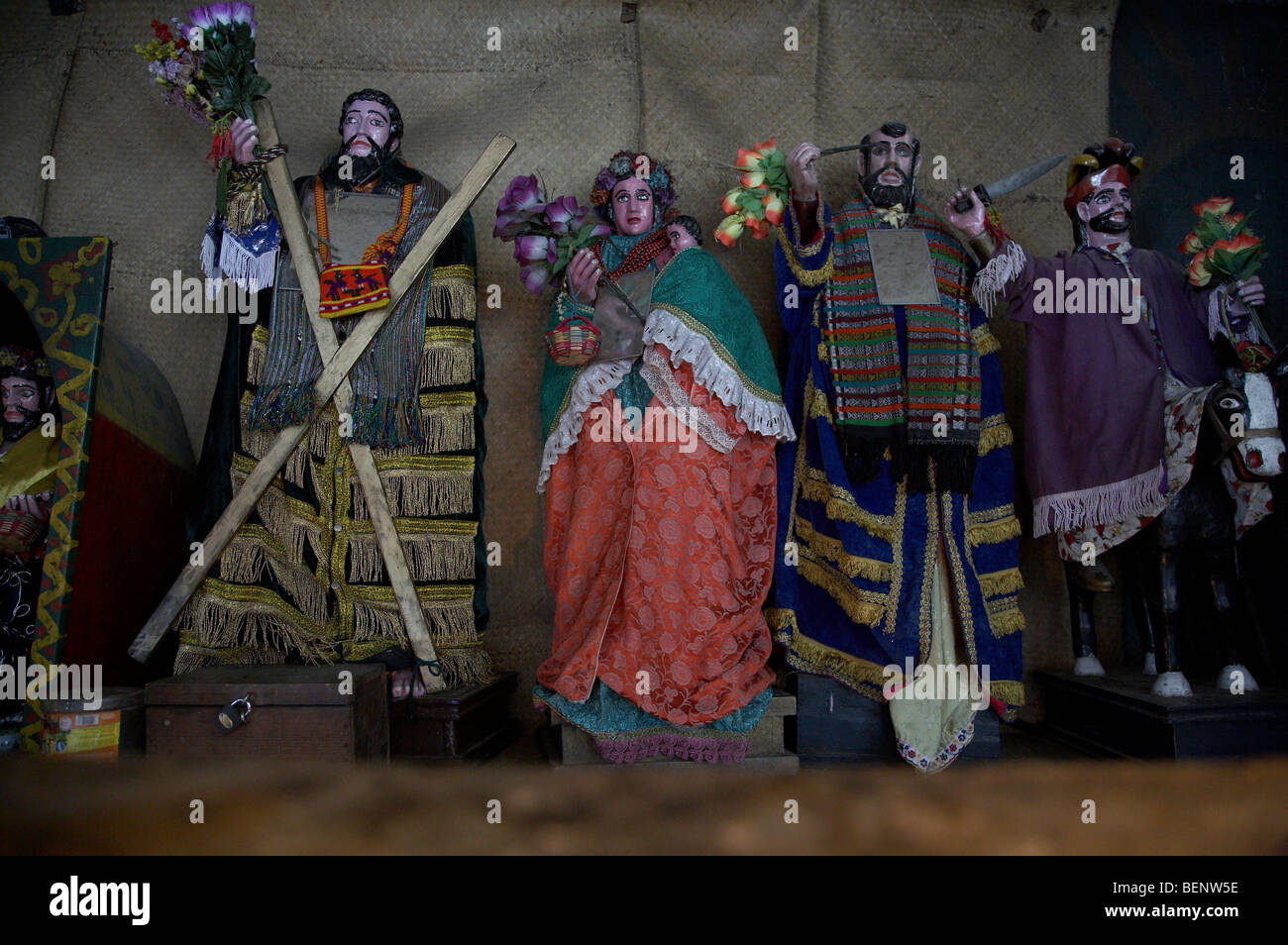 GUATEMALA Statues of saints in Mayan chapel, San Andres, El Quiche. PHOTOGRAPH by SEAN SPRAGUE Stock Photo