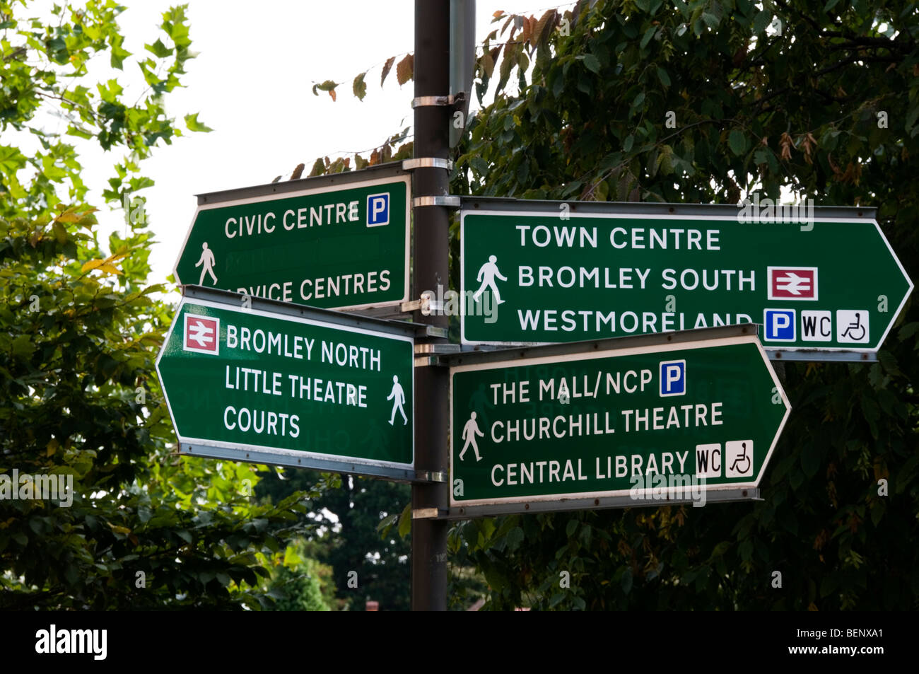 Signpost showing the attractions of Bromley, Kent, England Stock Photo