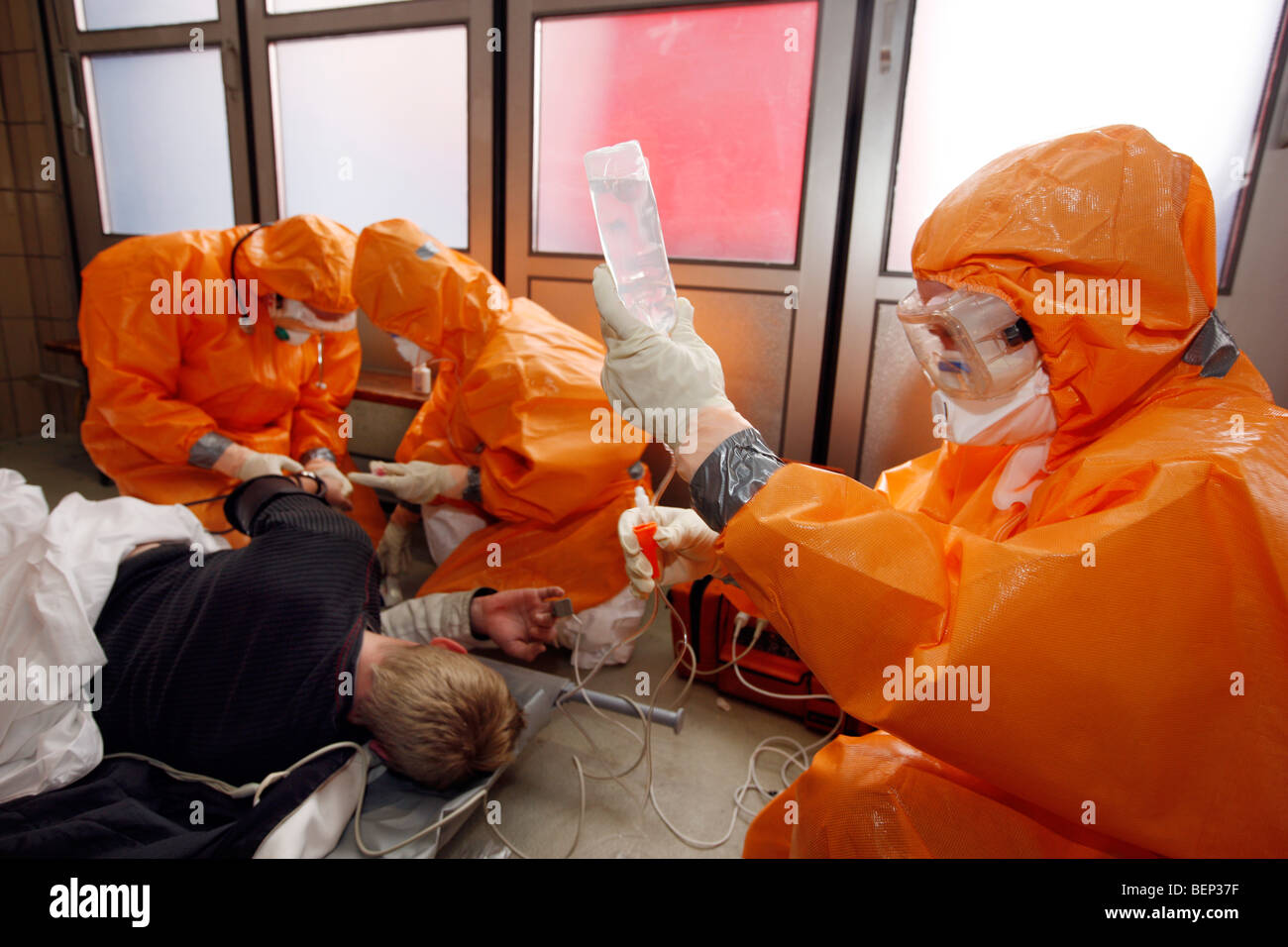 Exercise of a fire brigade, mass vaccination of people against a virus, pandemic exercise, Essen, Germany. Stock Photo