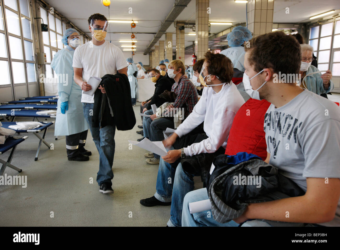 Exercise of a fire brigade, mass vaccination of people against a virus, pandemic exercise, Essen, Germany. Stock Photo