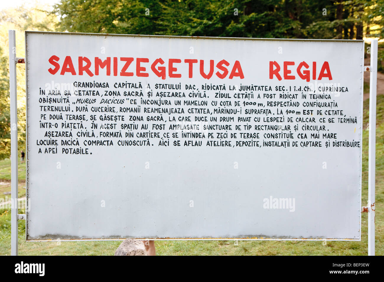 Signpost in the sanctuary of Sarmizegetusa Regia (capital of the dacian kingdom before the roman conquest), Romania Stock Photo