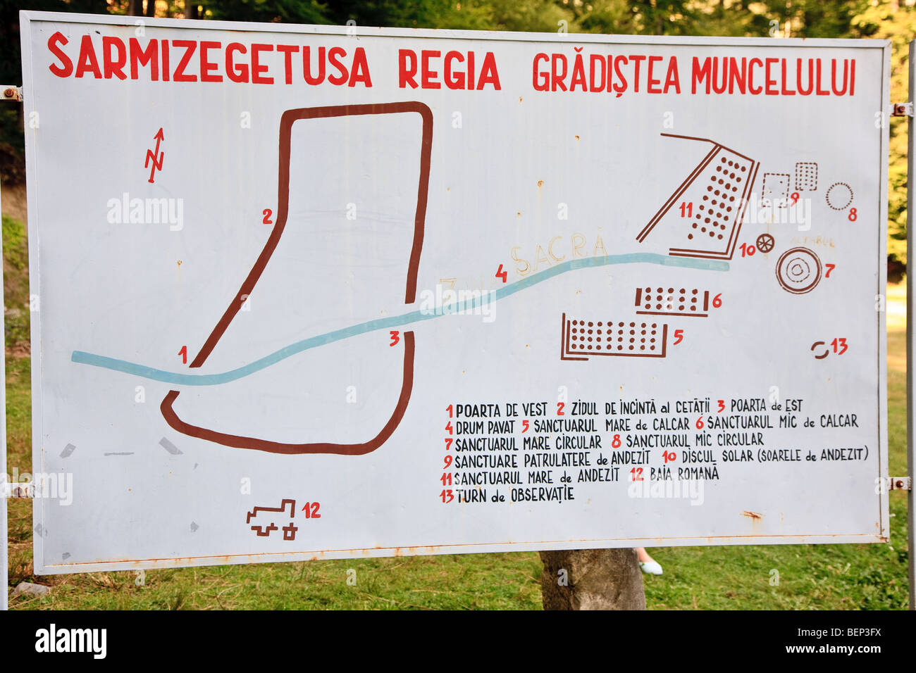 Signpost with a outline of Sarmizegetusa Regia (capital of the dacian kingdom before the roman conquest), Romania Stock Photo