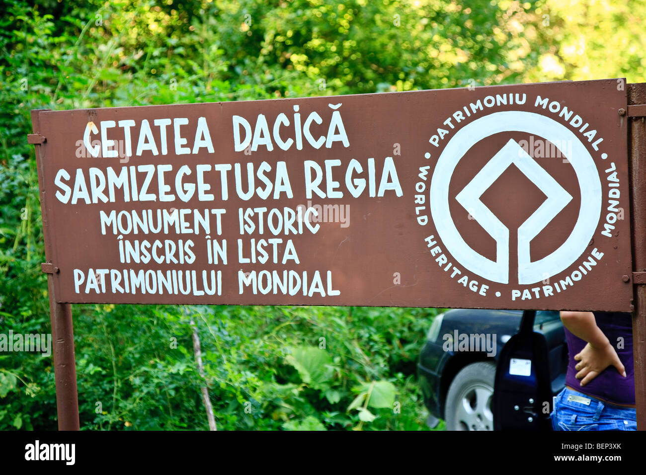 Signpost at the stronghold of Sarmizegetusa regia (the capital of the dacian kingdom before the roman conquest) Romania. Stock Photo