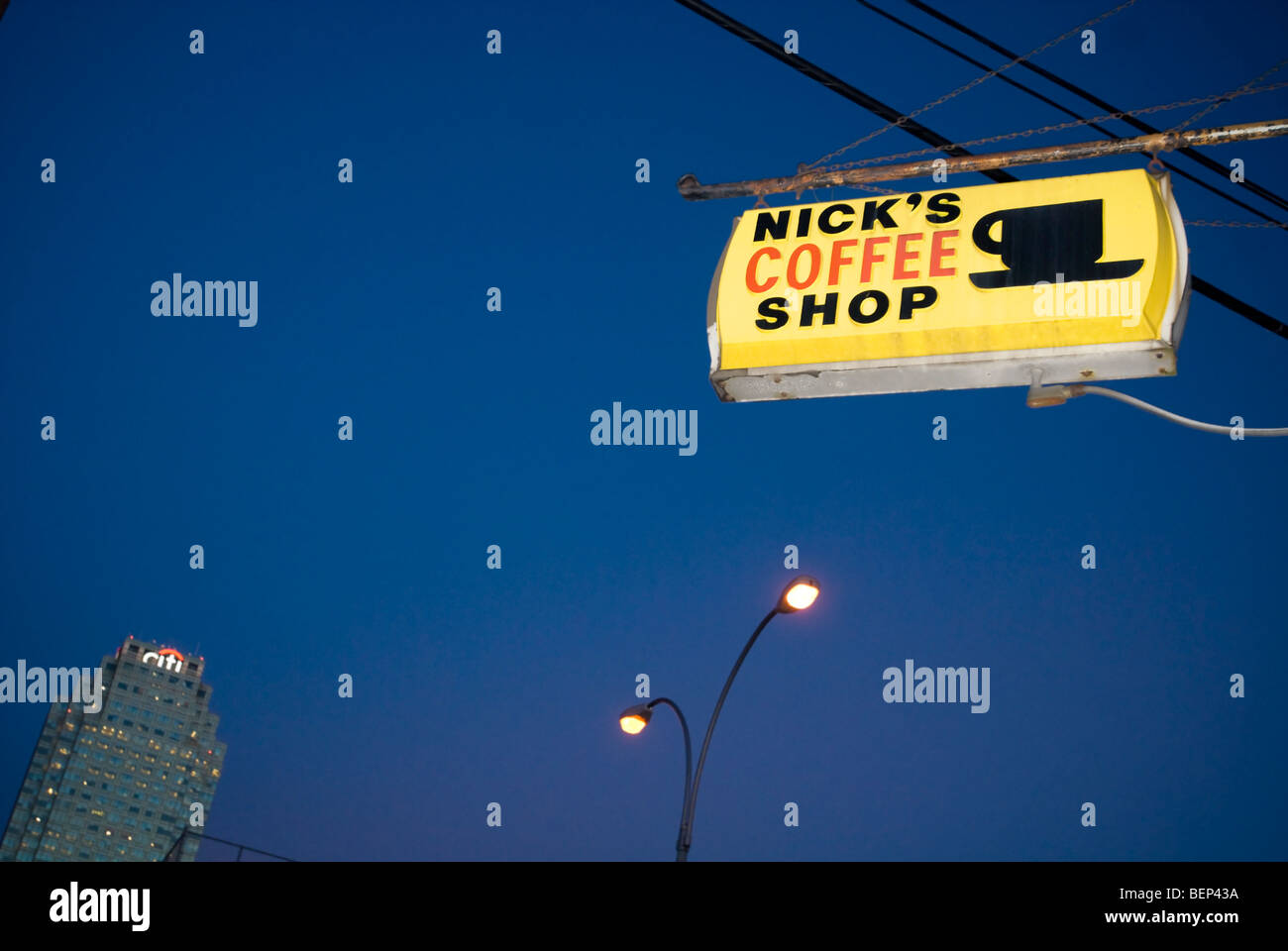 Nick's Coffee shop and the Citigroup building in Long Island City in