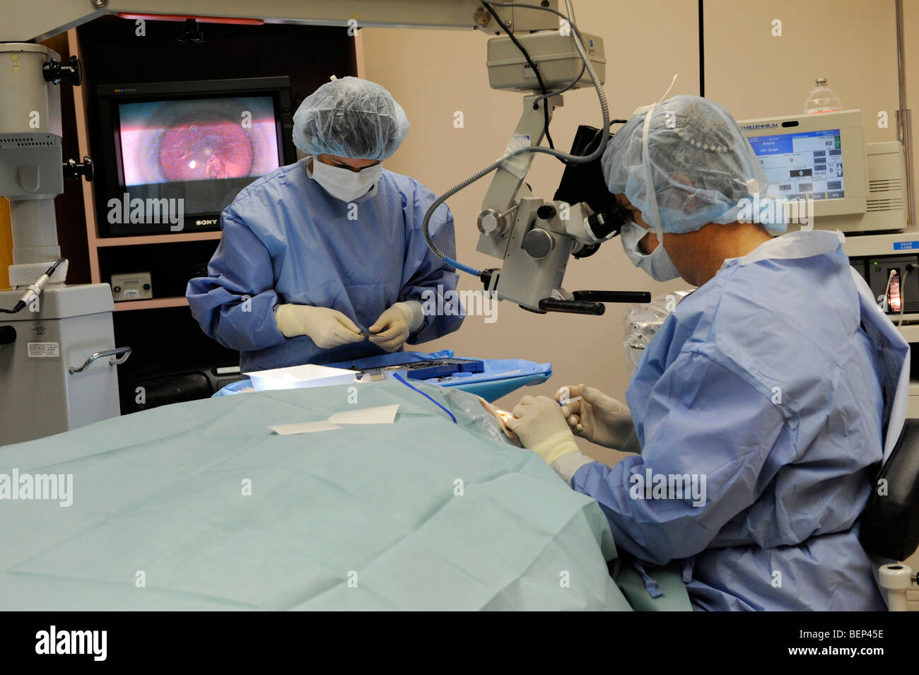 Adult male is prepare and undergoes a crystalens eye implant for cataract removal Stock Photo