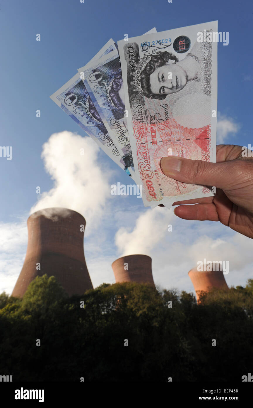 Energy price increases depicted with Uk money and power station Stock Photo